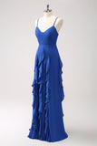 Azul Oscuro Vestido de Dama de Honor Tipo A con Tirantes Finos