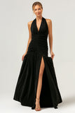 Vestido de dama de honor largo plisado sin espalda halter de sirena negro