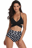 Traje de baño bikini de dos piezas halter criss cruzado de lunares blancos y negros