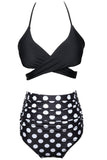 Traje de baño bikini de dos piezas halter criss cruzado de lunares blancos y negros