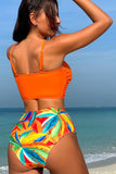 Orange Beach Vacation Conjunto de bikini con estampado de plantas tropicales con nudo delantero