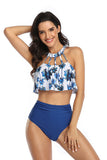 Traje de baño floral y liso Halter Falbala Conjunto de bikini de dos piezas de cintura alta
