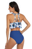 Traje de baño floral y liso Halter Falbala Conjunto de bikini de dos piezas de cintura alta