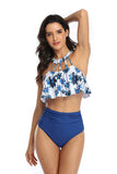 Traje de baño floral y liso Halter Falbala Conjunto de bikini de dos piezas de cintura alta