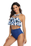 Traje de baño floral y liso Halter Falbala Conjunto de bikini de dos piezas de cintura alta