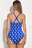 Elegante traje de baño de una pieza de cintura alta con corte de puntos azules y blancos