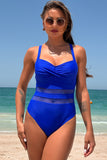 Tirantes de espagueti azules Criss Cross Hollow Out Tummy Control Traje de baño de una pieza