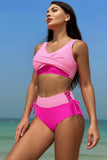 Trajes de baño de dos piezas de cintura alta con bloques de color fucsia rosa