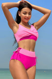 Trajes de baño de dos piezas de cintura alta con bloques de color fucsia rosa