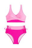 Trajes de baño de dos piezas de cintura alta con bloques de color fucsia rosa