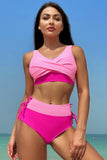 Trajes de baño de dos piezas de cintura alta con bloques de color fucsia rosa