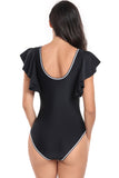 Traje de baño negro de una pieza con cuello en V profundo y control de abdomen con manga con volantes