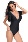 Traje de baño negro de una pieza con cuello en V profundo y control de abdomen con manga con volantes