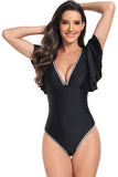 Traje de baño negro de una pieza con cuello en V profundo y control de abdomen con manga con volantes