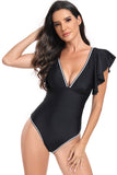 Traje de baño negro de una pieza con cuello en V profundo y control de abdomen con manga con volantes