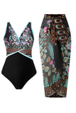 Trajes de baño de 2 piezas con estampado boho push up de tirantes halter de flores negras