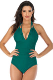 Traje de baño verde de una pieza con cuello halter en V profundo con control de abdomen