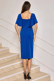 Vestido midi Madre de Novia con Escote en V Azul Real con Manga Corta