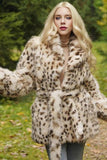 Maxi Abrigo de Piel de Oveja con Cinturón con Estampado de Leopardo