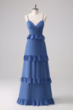 Vestido de dama de honor de línea A con tirantes finos azul oscuro