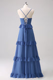 Vestido de dama de honor de línea A con tirantes finos azul oscuro