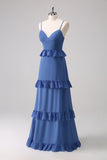 Vestido de dama de honor de línea A con tirantes finos azul oscuro
