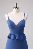 Vestido de dama de honor de línea A con tirantes finos azul oscuro