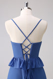 Vestido de dama de honor de línea A con tirantes finos azul oscuro