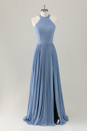 Vestido de dama de honor largo halter azul grisáceo con abertura