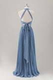 Vestido de dama de honor largo halter azul grisáceo con abertura