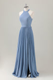Vestido de dama de honor largo halter azul grisáceo con abertura