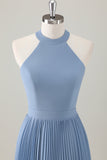 Vestido de dama de honor largo halter azul grisáceo con abertura
