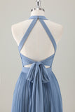 Vestido de dama de honor largo halter azul grisáceo con abertura
