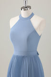 Vestido de dama de honor largo halter azul grisáceo con abertura