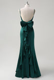Tirantes de espagueti de sirena verde oscuro Vestido largo de dama de honor con volantes con lazo