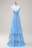 Vestido de dama de honor largo con escote en V con tirantes finos azules