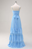 Vestido de dama de honor largo con escote en V con tirantes finos azules
