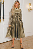 Vestido de fiesta largo plisado plateado de una línea con mangas largas