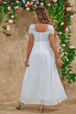 Vestido largo de dama de honor premamá blanco de línea A Line con mangas cortas