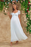 Vestido largo de dama de honor premamá blanco de línea A Line con mangas cortas