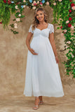 Vestido largo de dama de honor premamá blanco de línea A Line con mangas cortas