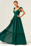 Vestido largo de dama de honor de gasa fruncido con escote en V de línea verde oscuro