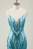 Vestido de fiesta largo con tirantes de espagueti azul sirena brillante con lentejuelas