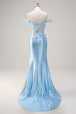 Sirena azul cielo con hombro fuera corsé floral vestido de fiesta largo con flores 3D