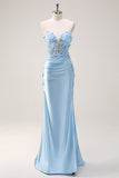Vestido de fiesta de lentejuelas sin tirantes de sirena azul cielo con apliques