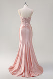 Sirena rosa brillante Tirantes de espagueti Corsé Flores Vestido de fiesta largo de satén