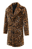 Abrigo de invierno para hombre de piel sintética con estampado de leopardo marrón de longitud media y cuello solapa