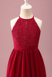 Vestido de dama de honor junior sin mangas con cuello redondo A Line de color burdeos