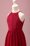 Vestido de dama de honor junior sin mangas con cuello redondo A Line de color burdeos