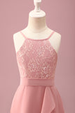 Vestido de dama de honor junior de gasa de gasa de línea A con cuello halter y rubor